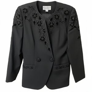 Wool Black Floral Embroidered Sequence Beaded Formal Blazer Jacket 4 John Meyer